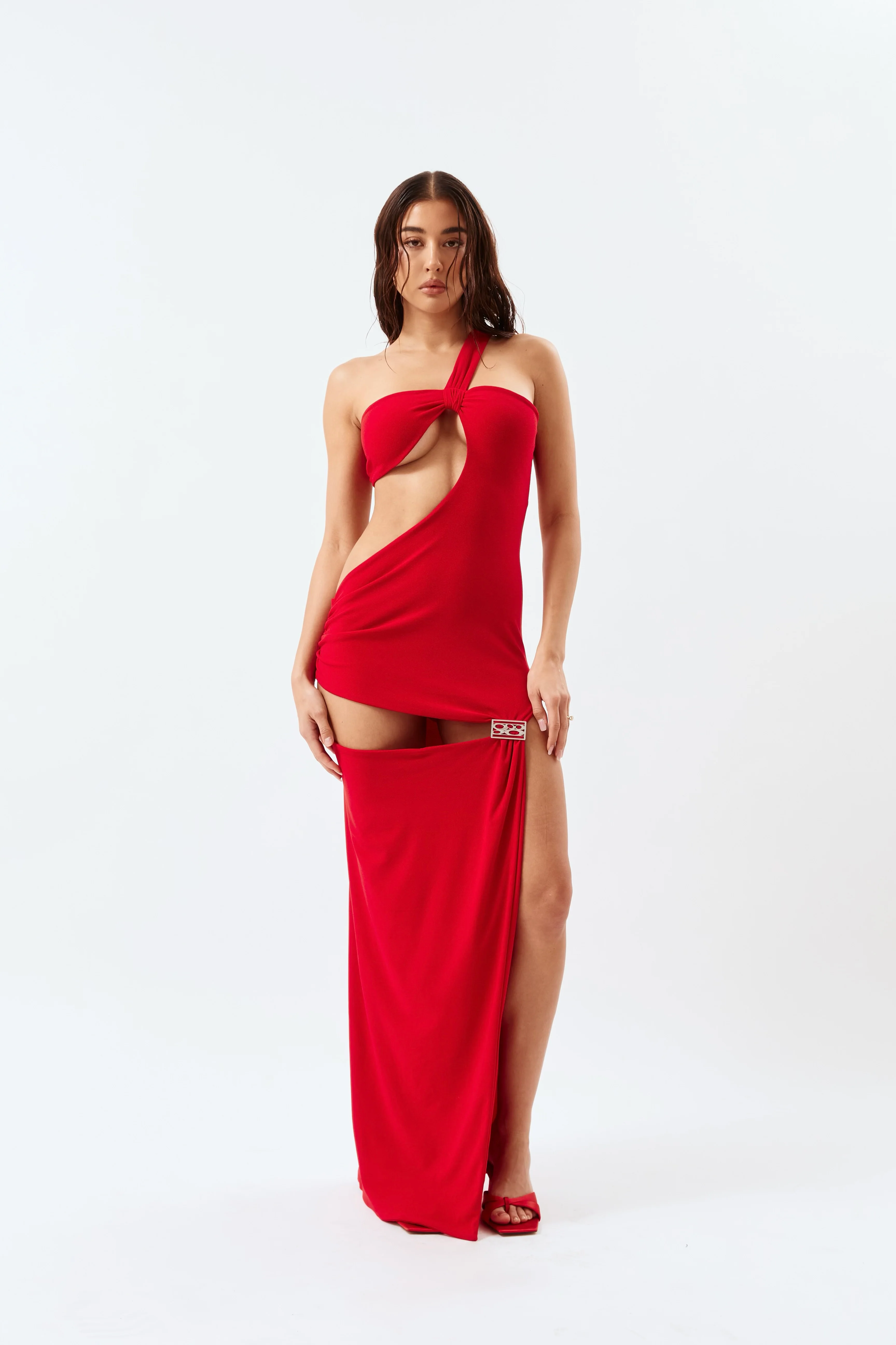 Asymmetric Cut-Out Maxi Dress - Red