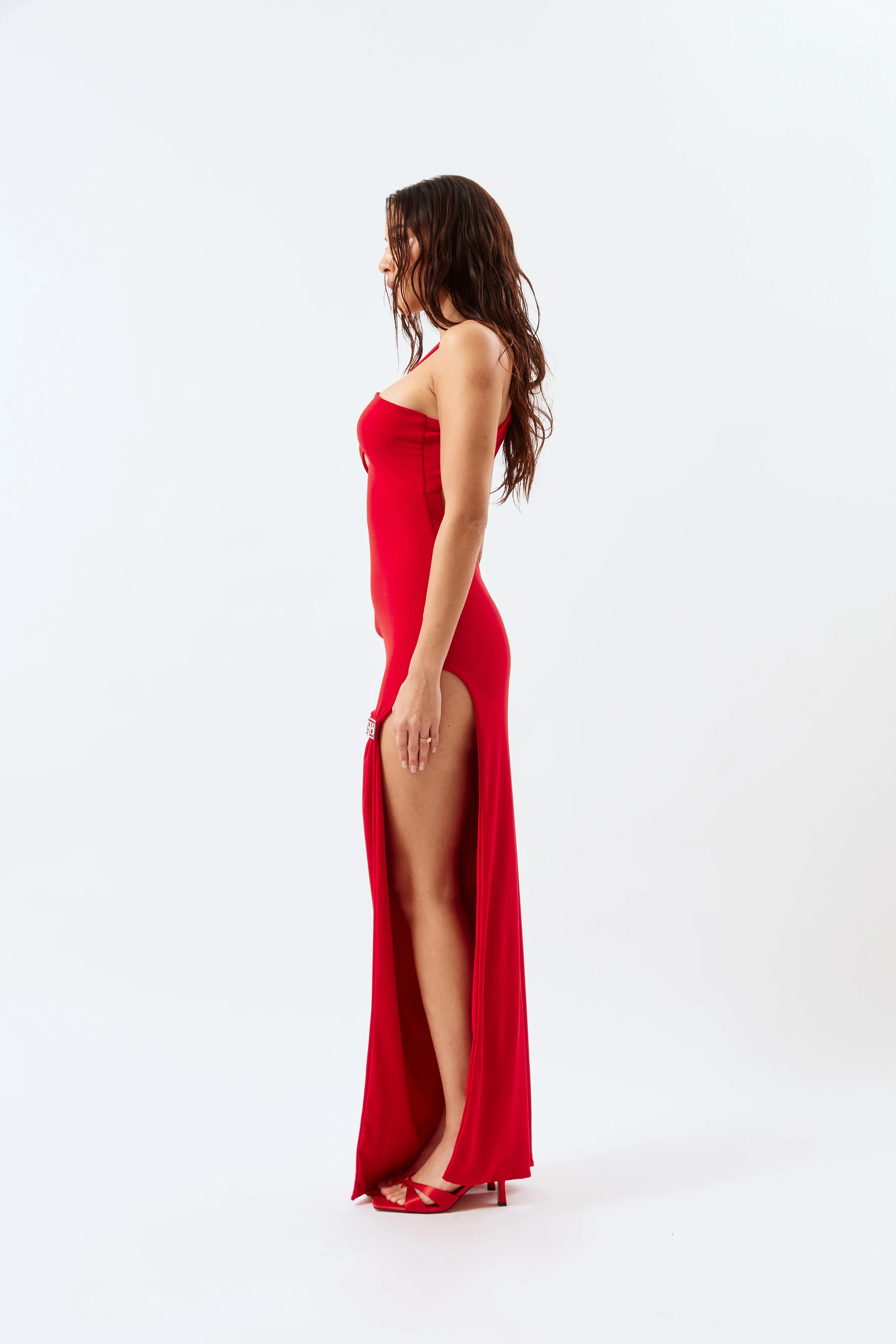 Asymmetric Cut-Out Maxi Dress - Red - Image 3
