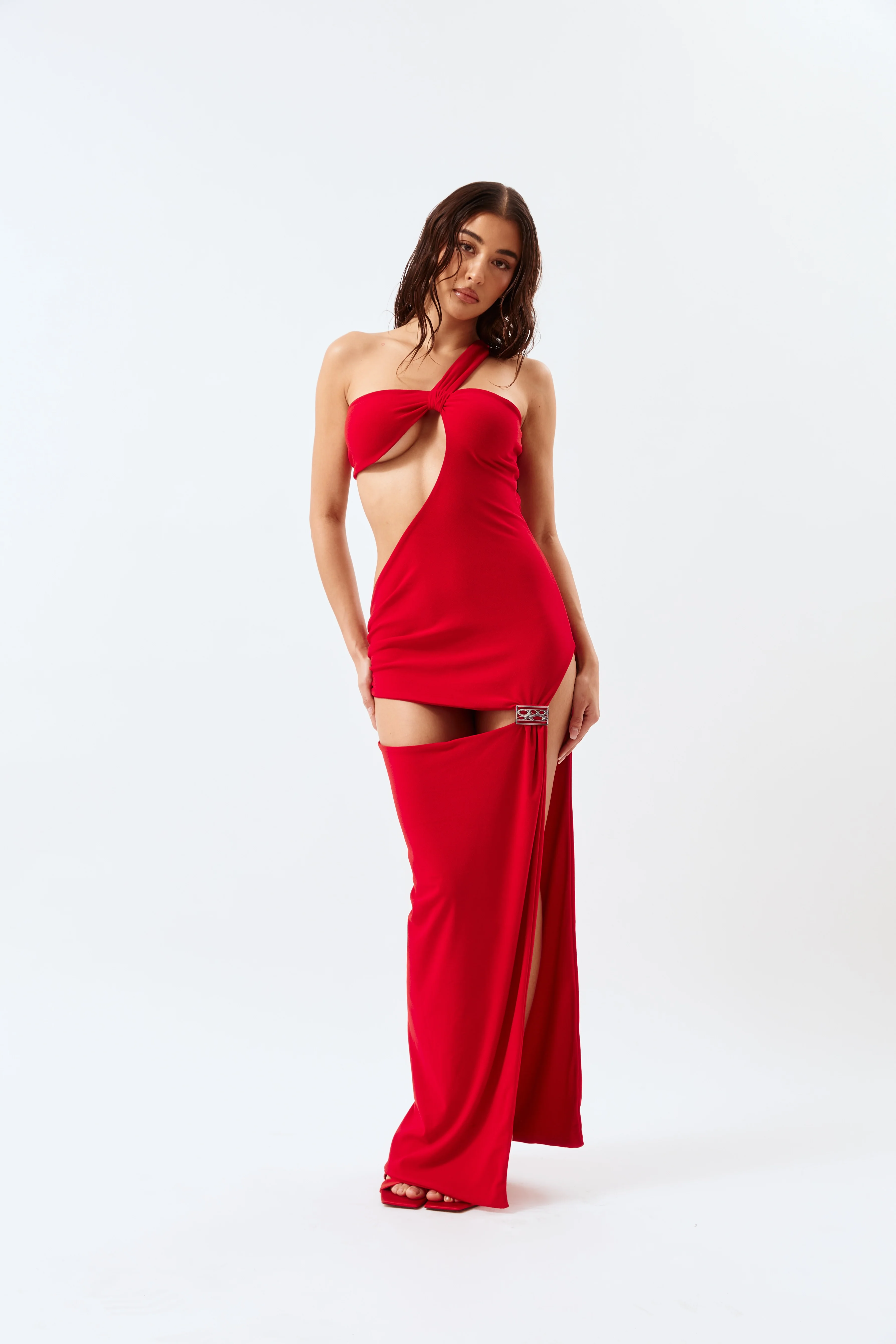 Asymmetric Cut-Out Maxi Dress - Red - Image 7