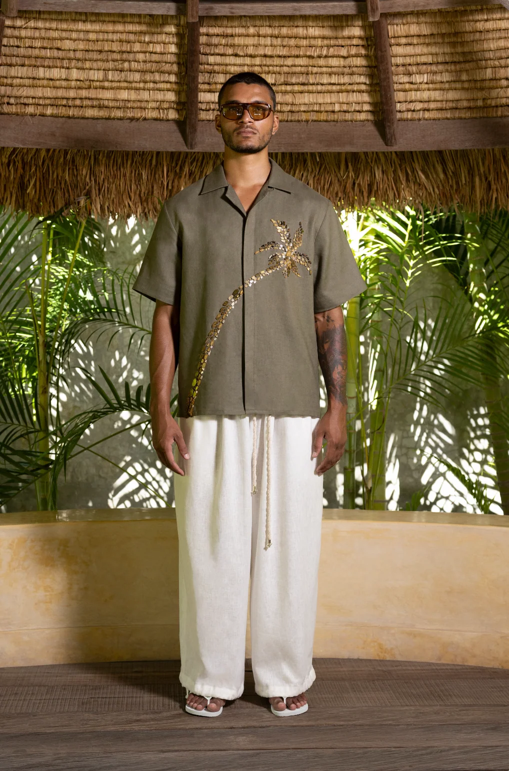 Maphrao Embellished Linen Shirt Olive - Image 3
